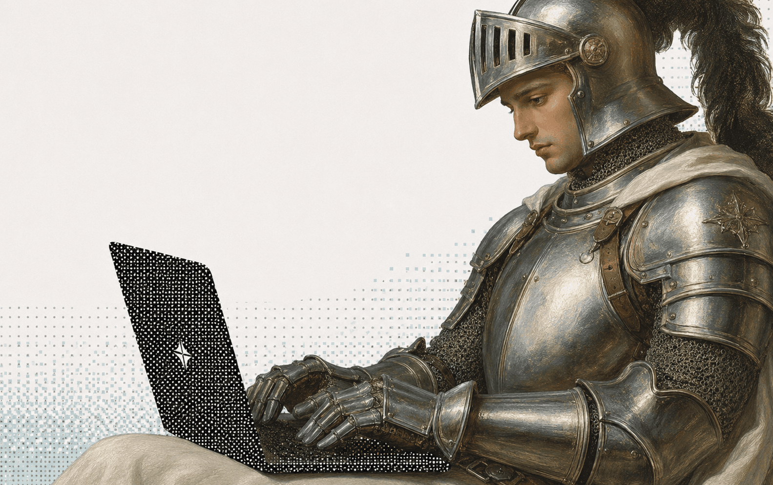 Knight in armor using a laptop, classical painting style