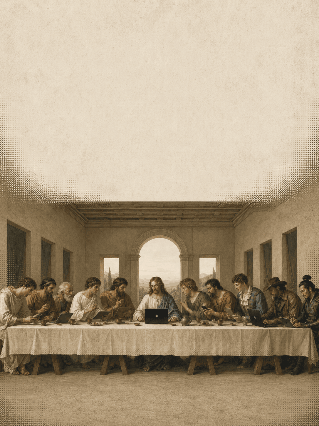 Figures at a long table with laptops, classical painting style